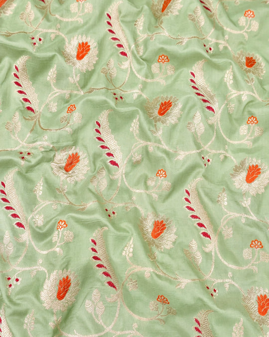 Sage Mint Pure Katan Saree with Floral Butta Weave