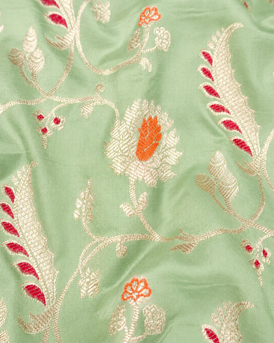 Sage Mint Pure Katan Saree with Floral Butta Weave