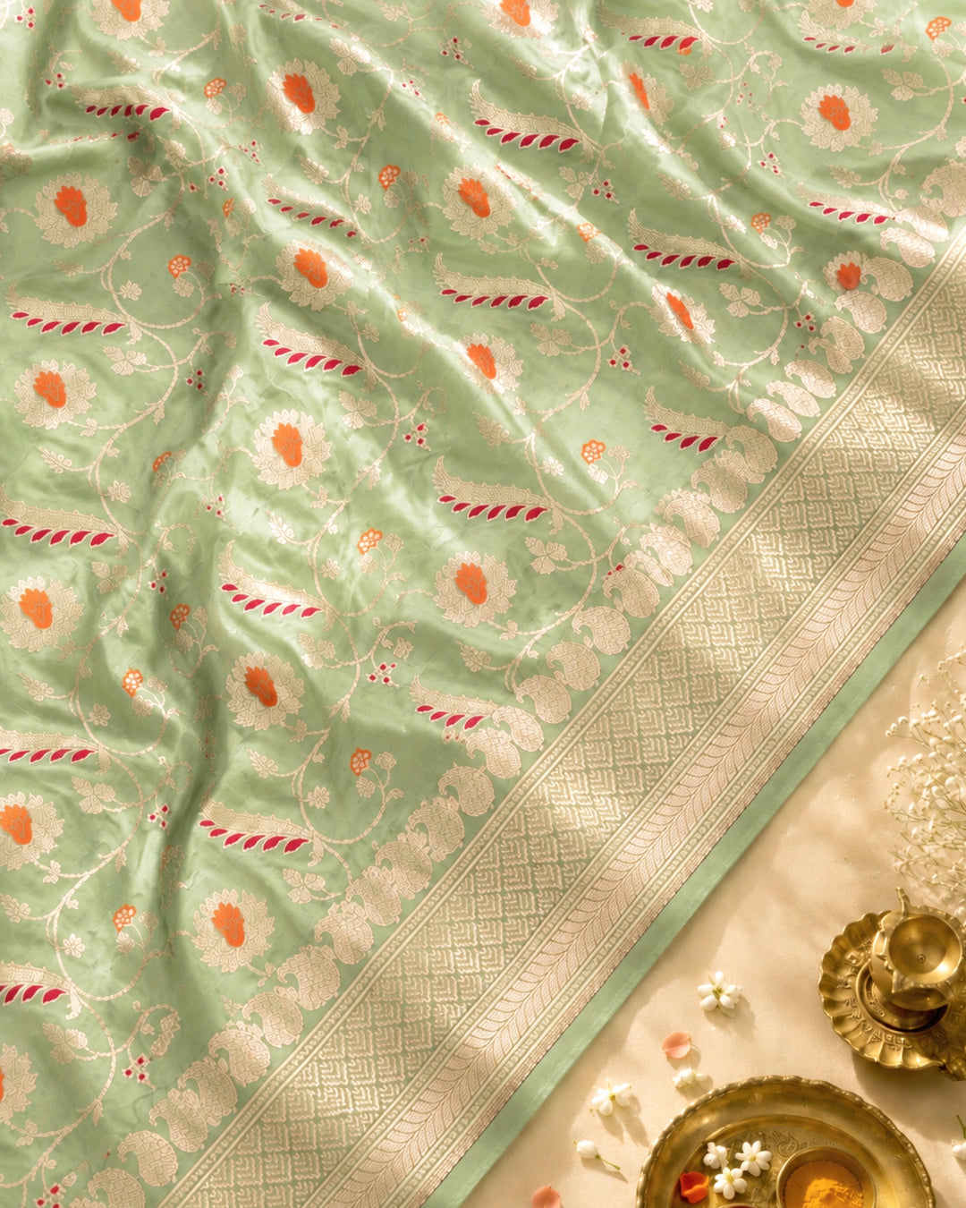 Sage Mint Pure Katan Saree with Floral Butta Weave
