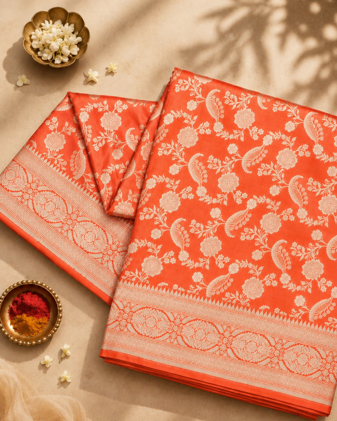 Coral Pure Katan Saree with Floral Jaal Weaves
