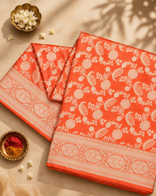 Coral Pure Katan Saree with Floral Jaal Weaves