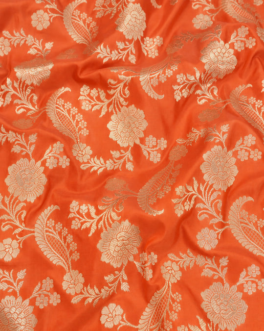 Coral Pure Katan Saree with Floral Jaal Weaves