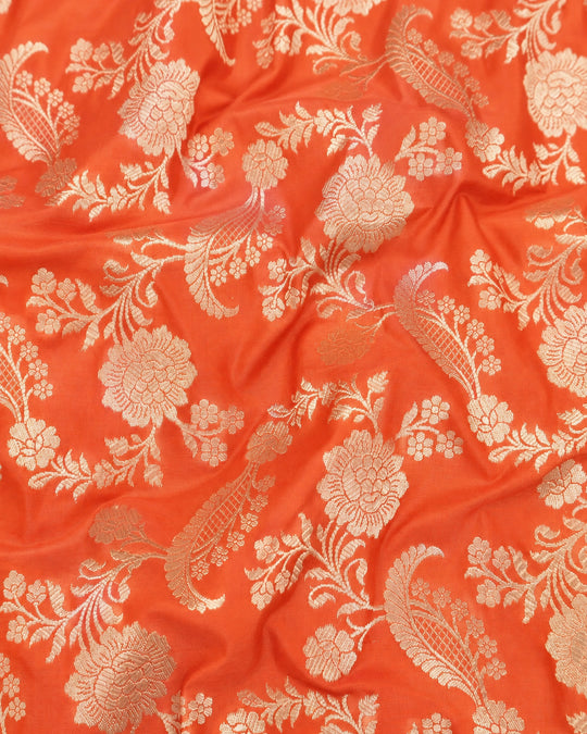 Coral Pure Katan Saree with Floral Jaal Weaves