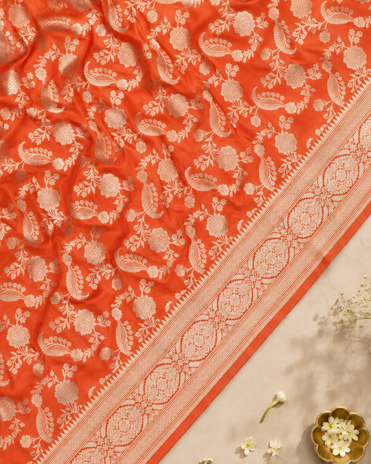 Coral Pure Katan Saree with Floral Jaal Weaves