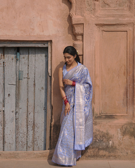 Lavender Pure Banarasi Saree with Jangla Floral Weaves