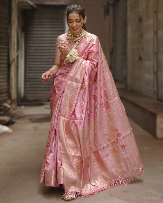 Mauve Pink Pure Banarasi Saree with Floral Jaal and Vibrant Meenakari Weaves