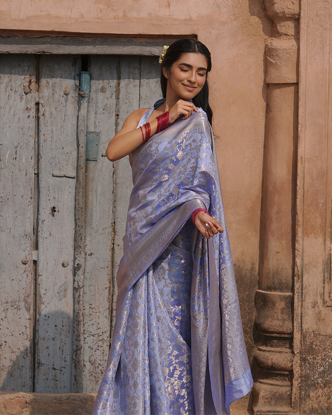 Lavender Pure Banarasi Saree with Jangla Floral Weaves
