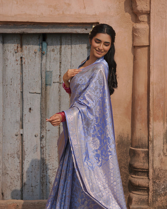 Lavender Pure Banarasi Saree with Jangla Floral Weaves