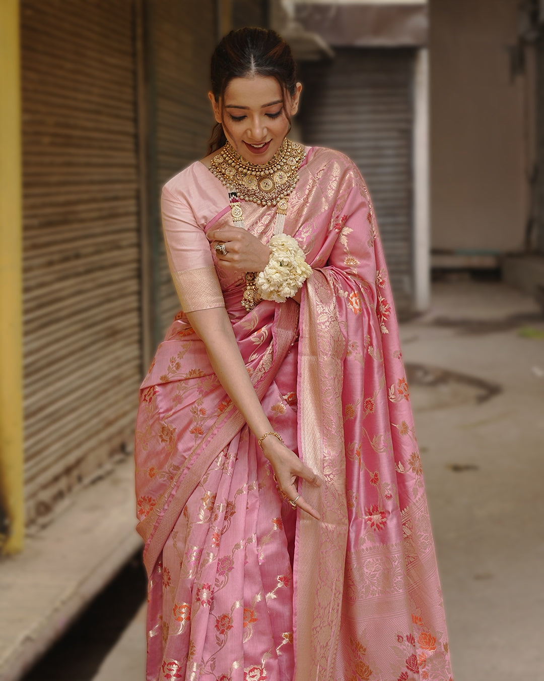 Mauve Pink Pure Banarasi Saree with Floral Jaal and Vibrant Meenakari Weaves