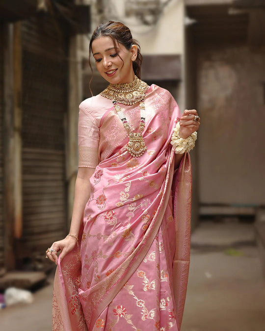 Mauve Pink Pure Banarasi Saree with Floral Jaal and Vibrant Meenakari Weaves