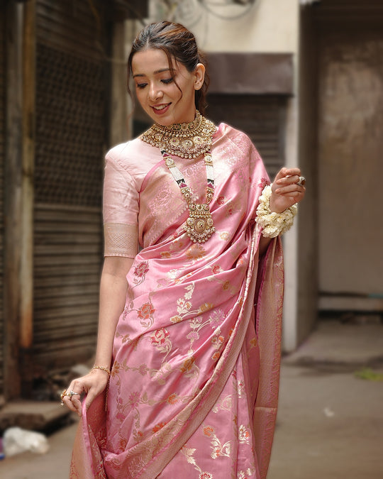 Mauve Pink Pure Banarasi Saree with Floral Jaal and Vibrant Meenakari Weaves