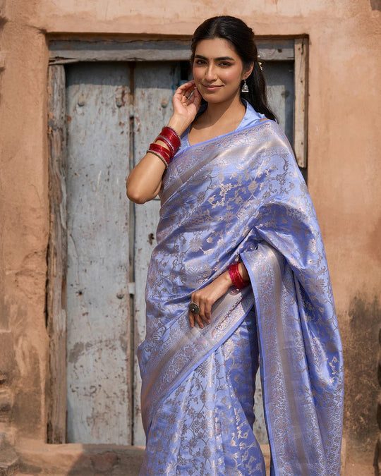 Lavender Pure Banarasi Saree with Jangla Floral Weaves