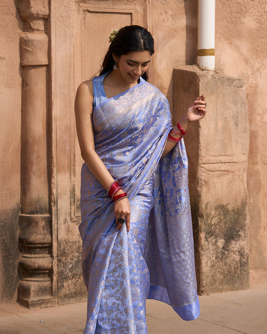 Lavender Pure Banarasi Saree with Jangla Floral Weaves