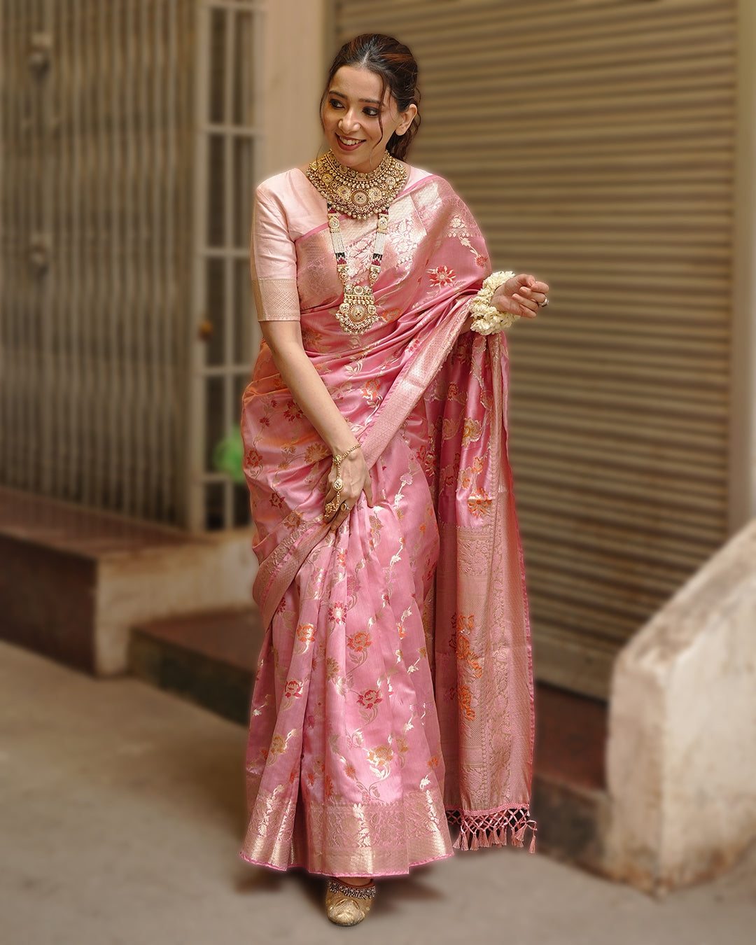 Mauve Pink Pure Banarasi Saree with Floral Jaal and Vibrant Meenakari Weaves