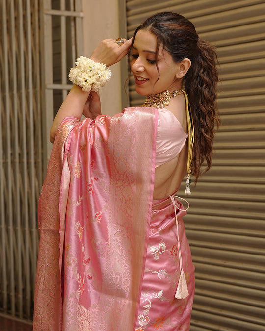 Mauve Pink Pure Banarasi Saree with Floral Jaal and Vibrant Meenakari Weaves