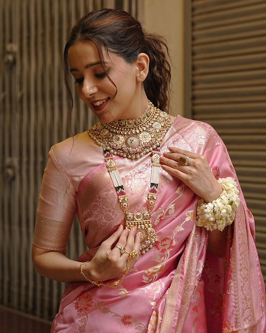 Mauve Pink Pure Banarasi Saree with Floral Jaal and Vibrant Meenakari Weaves
