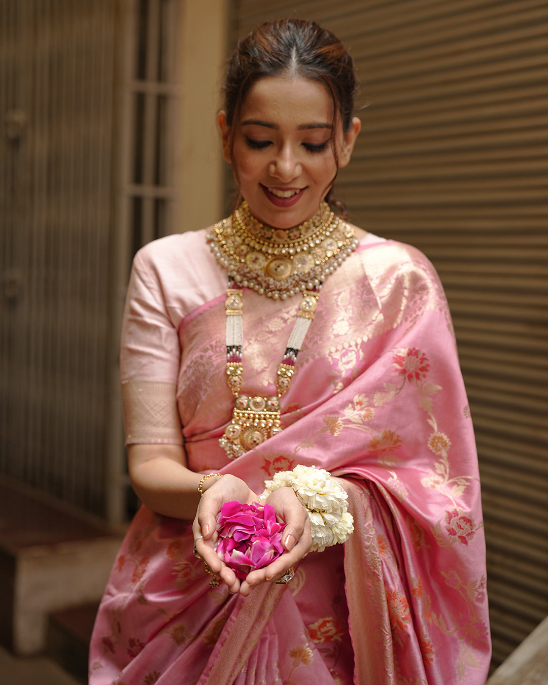 Mauve Pink Pure Banarasi Saree with Floral Jaal and Vibrant Meenakari Weaves