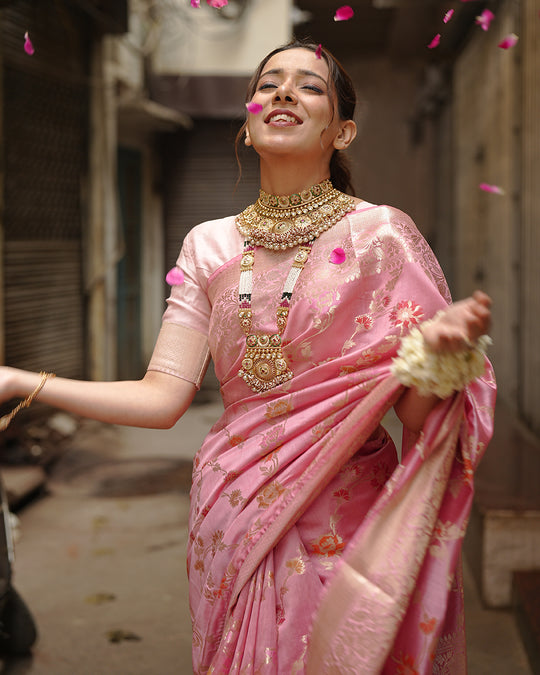 Mauve Pink Pure Banarasi Saree with Floral Jaal and Vibrant Meenakari Weaves