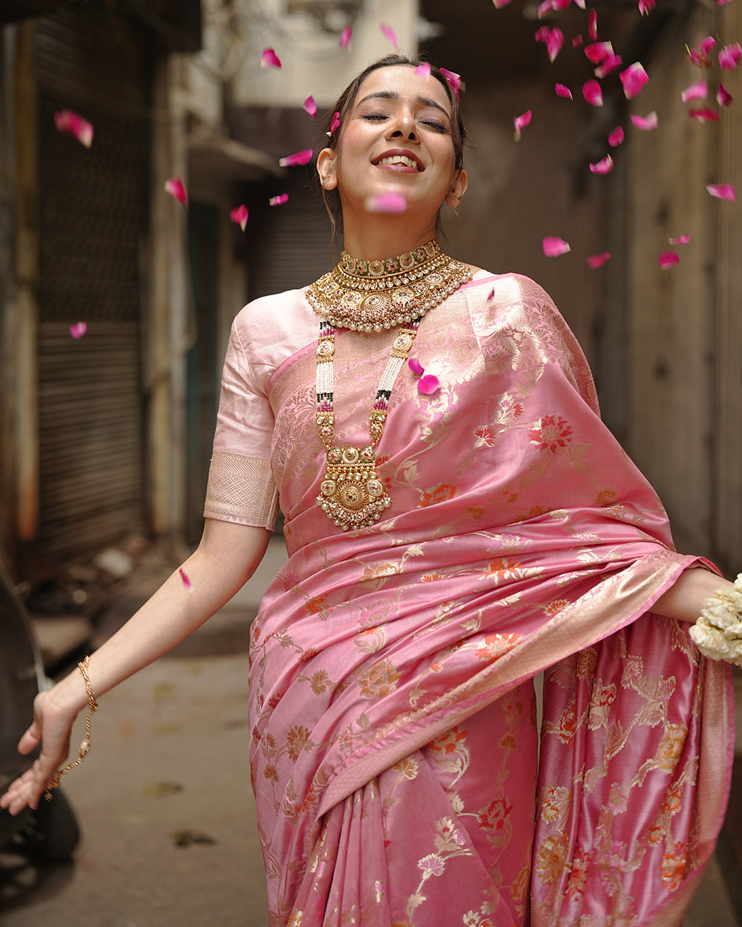 Mauve Pink Pure Banarasi Saree with Floral Jaal and Vibrant Meenakari Weaves