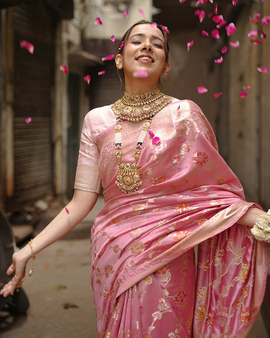 Mauve Pink Pure Banarasi Saree with Floral Jaal and Vibrant Meenakari Weaves