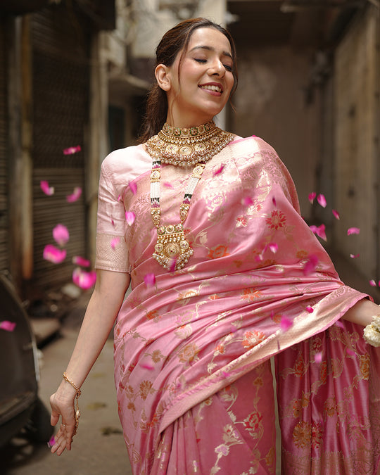 Mauve Pink Pure Banarasi Saree with Floral Jaal and Vibrant Meenakari Weaves