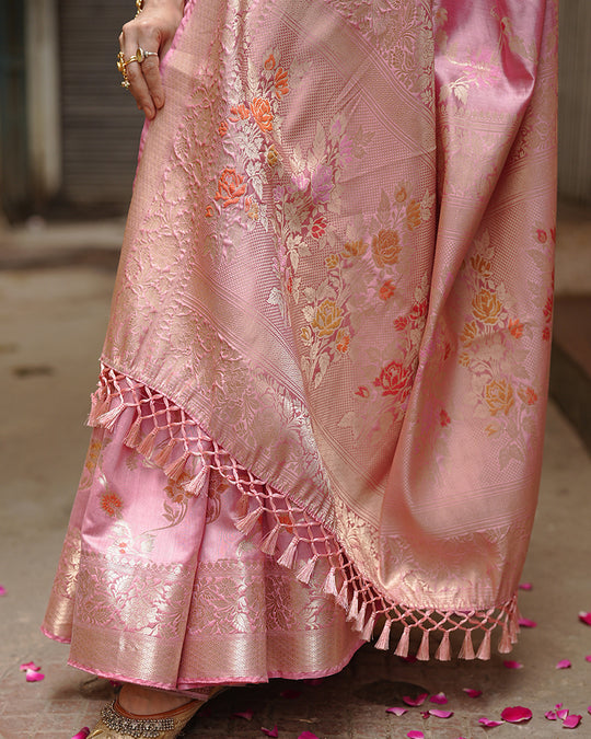 Mauve Pink Pure Banarasi Saree with Floral Jaal and Vibrant Meenakari Weaves