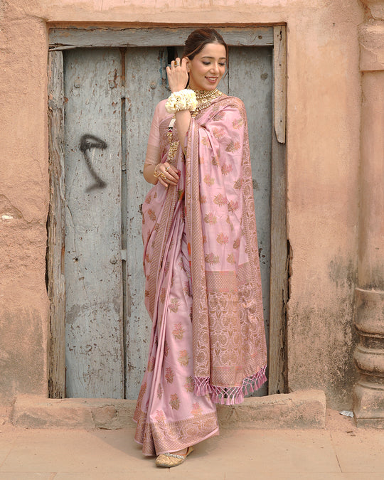 Soft Lilac Pure Muga Saree with Intricate Meenakari Antique Zari Weaving