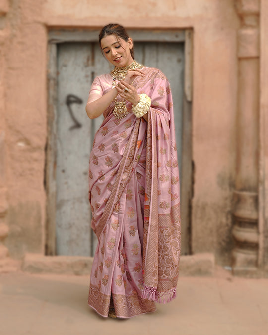Soft Lilac Pure Muga Saree with Intricate Meenakari Antique Zari Weaving