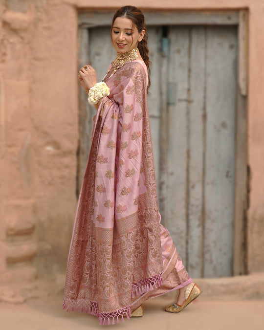 Soft Lilac Pure Muga Saree with Intricate Meenakari Antique Zari Weaving