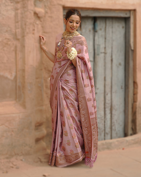 Soft Lilac Pure Muga Saree with Intricate Meenakari Antique Zari Weaving