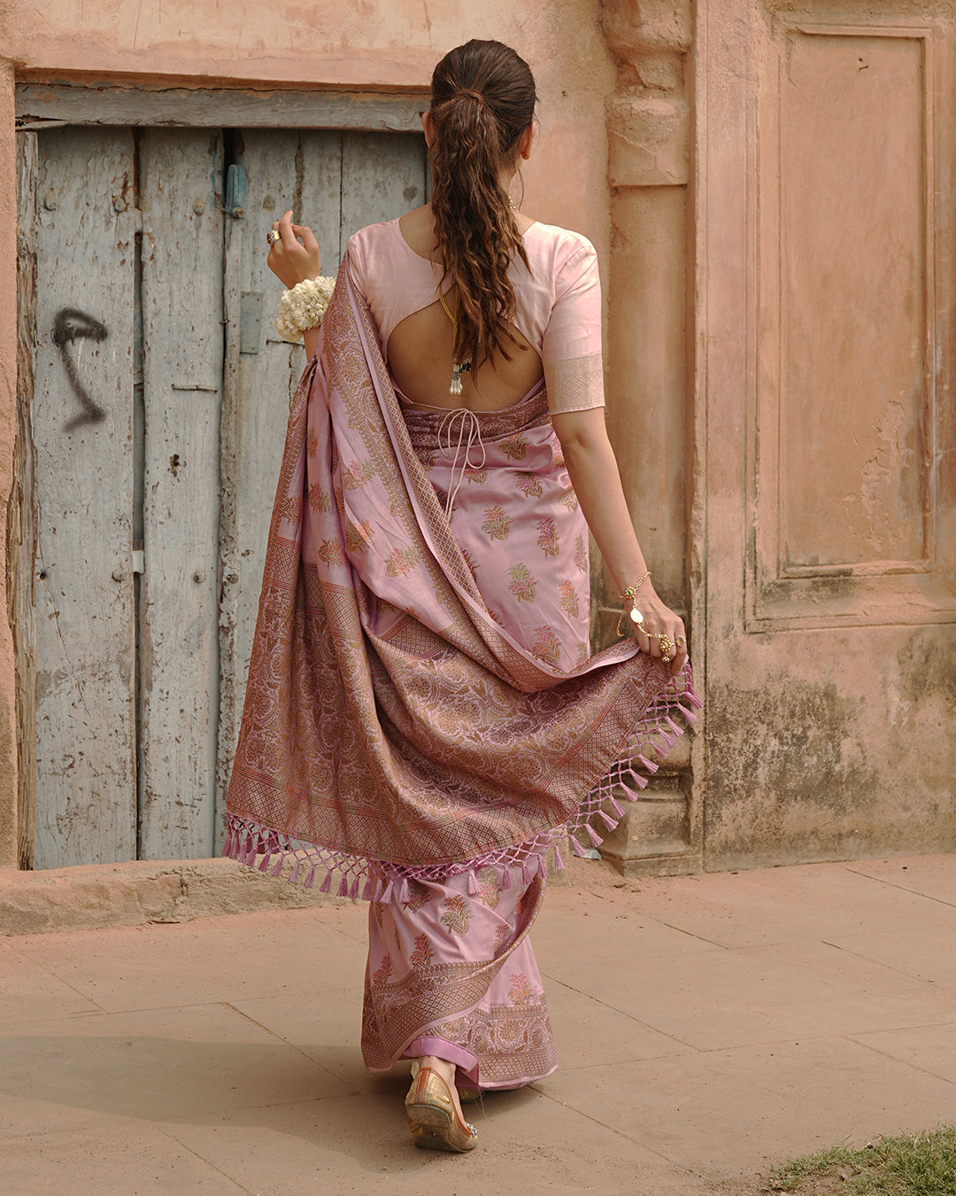 Soft Lilac Pure Muga Saree with Intricate Meenakari Antique Zari Weaving