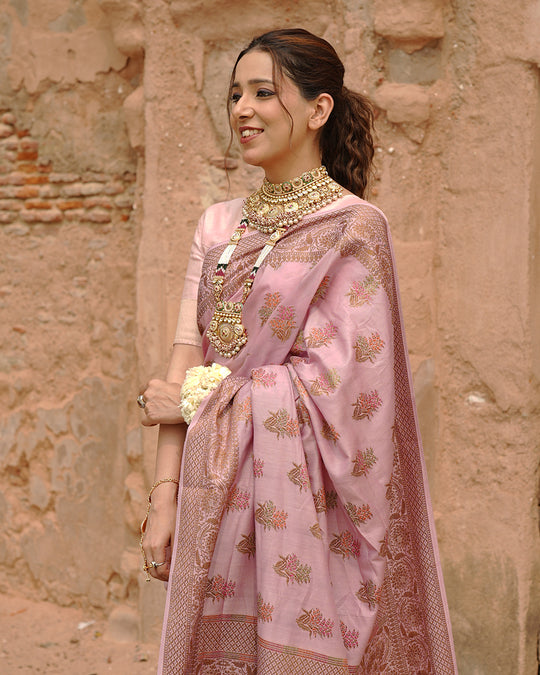 Soft Lilac Pure Muga Saree with Intricate Meenakari Antique Zari Weaving