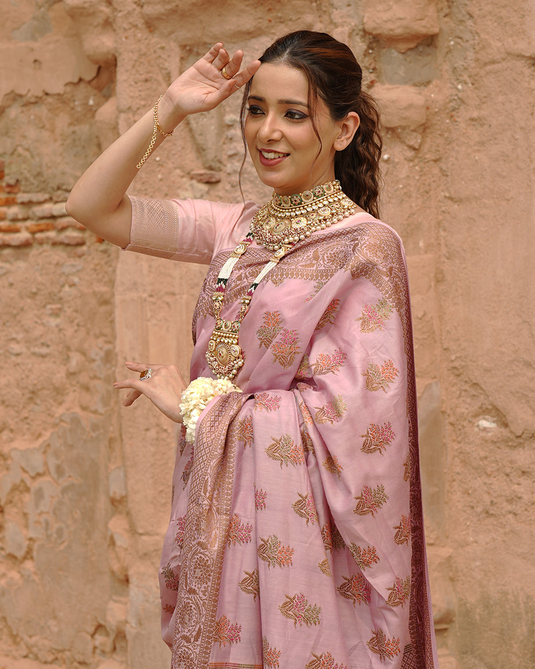 Soft Lilac Pure Muga Saree with Intricate Meenakari Antique Zari Weaving