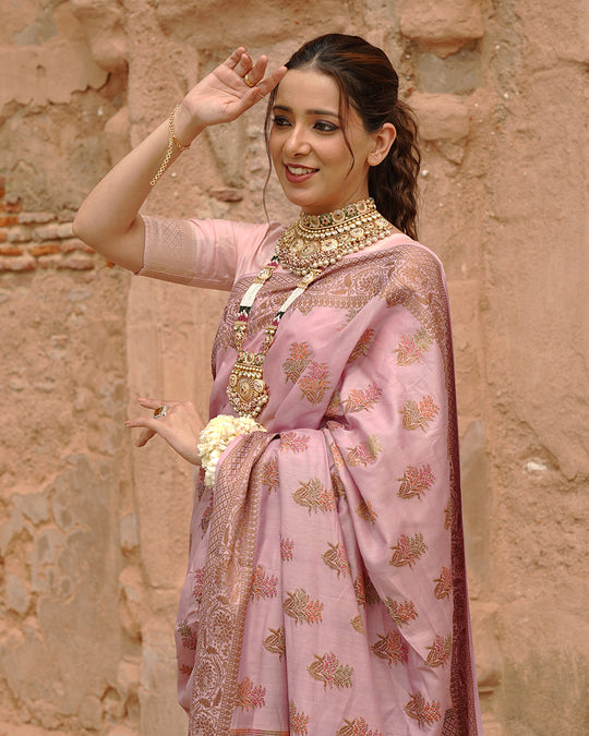 Soft Lilac Pure Muga Saree with Intricate Meenakari Antique Zari Weaving