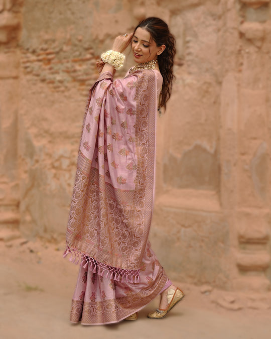 Soft Lilac Pure Muga Saree with Intricate Meenakari Antique Zari Weaving