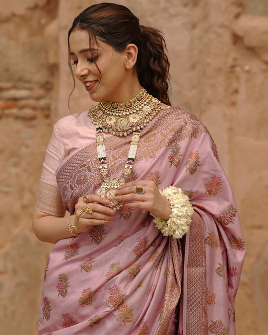 Soft Lilac Pure Muga Saree with Intricate Meenakari Antique Zari Weaving