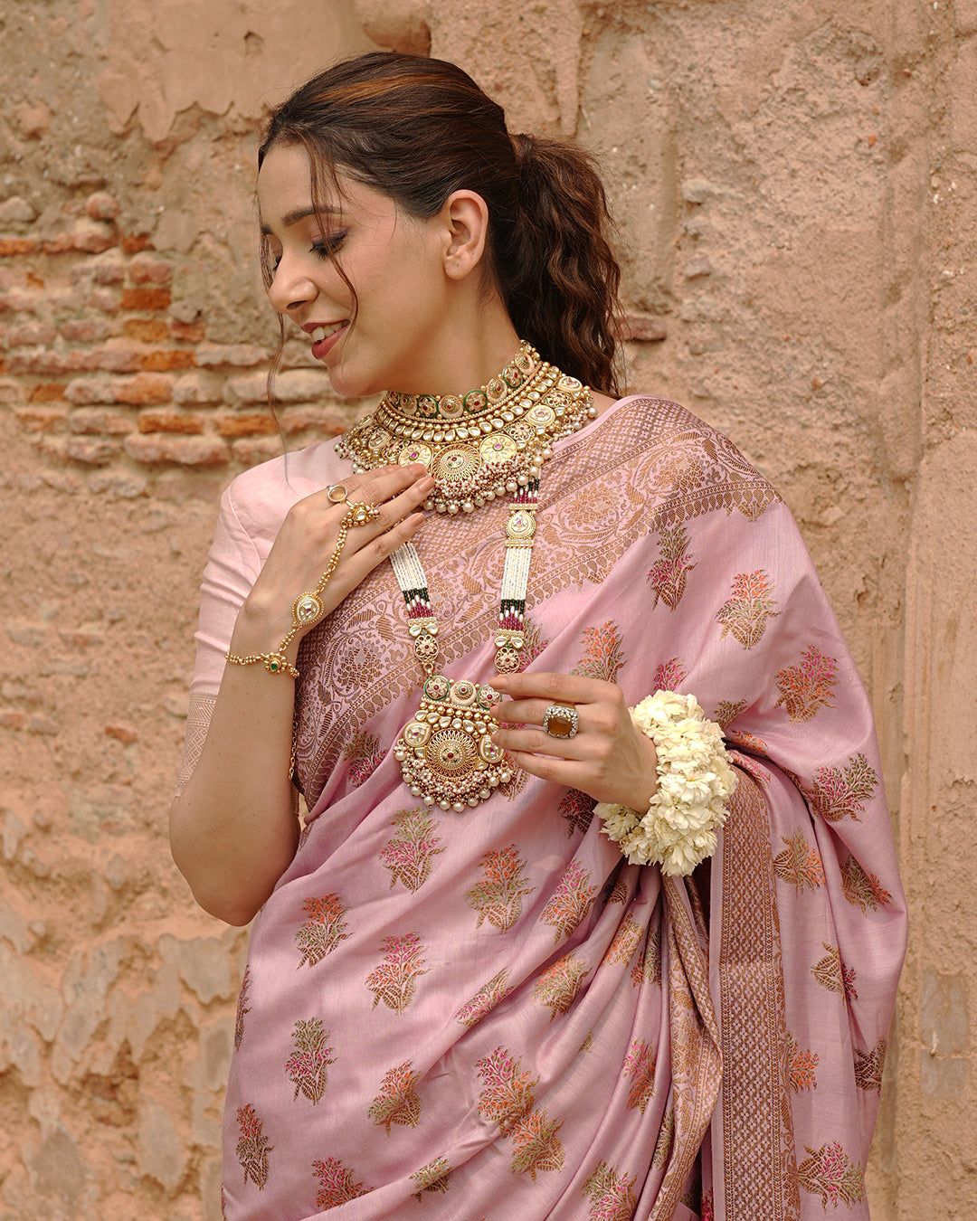 Soft Lilac Pure Muga Saree with Intricate Meenakari Antique Zari Weaving