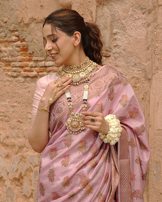 Soft Lilac Pure Muga Saree with Intricate Meenakari Antique Zari Weaving