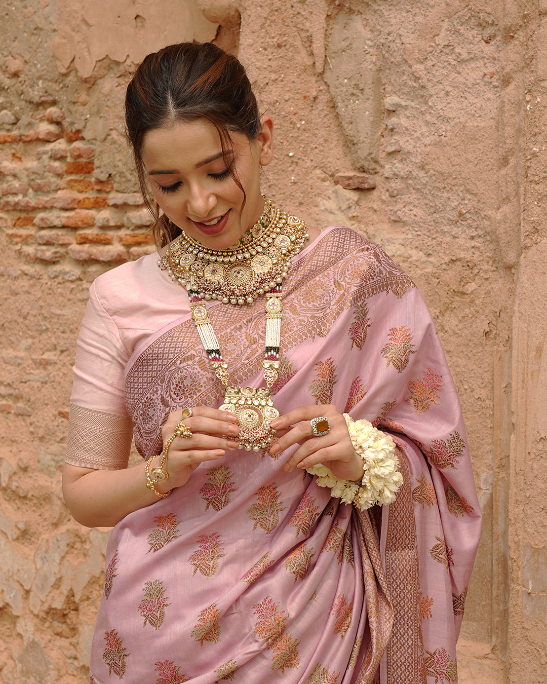 Soft Lilac Pure Muga Saree with Intricate Meenakari Antique Zari Weaving