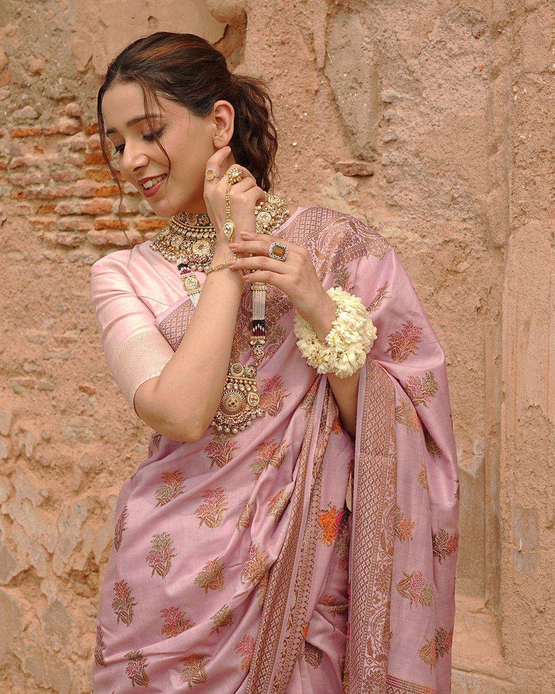 Soft Lilac Pure Muga Saree with Intricate Meenakari Antique Zari Weaving