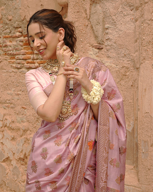 Soft Lilac Pure Muga Saree with Intricate Meenakari Antique Zari Weaving