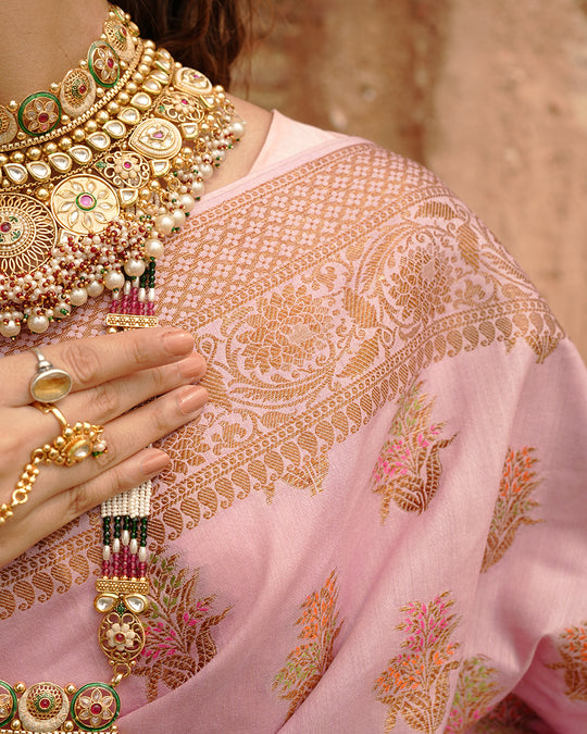 Soft Lilac Pure Muga Saree with Intricate Meenakari Antique Zari Weaving