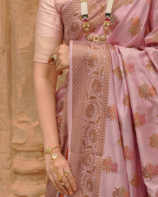 Soft Lilac Pure Muga Saree with Intricate Meenakari Antique Zari Weaving