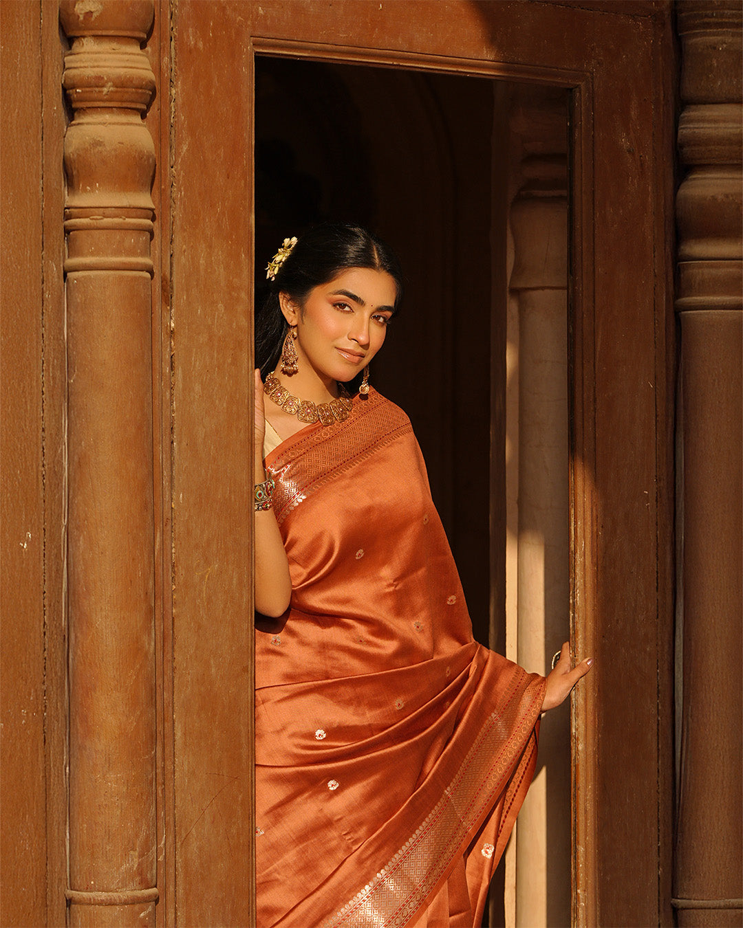 Terracotta Banarasi Silk Saree with Timeless Craft