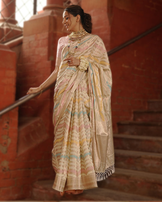 Ivory Rangkat Pure Banarasi Saree with Multi-hued Pastel Matrix Weaves