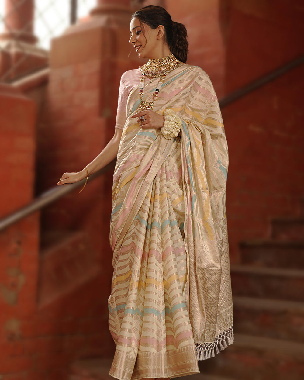 Ivory Rangkat Pure Banarasi Saree with Multi-hued Pastel Matrix Weaves