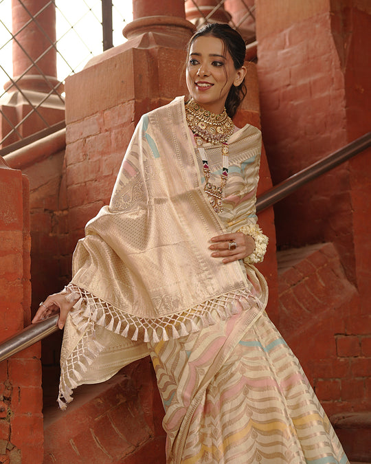 Ivory Rangkat Pure Banarasi Saree with Multi-hued Pastel Matrix Weaves
