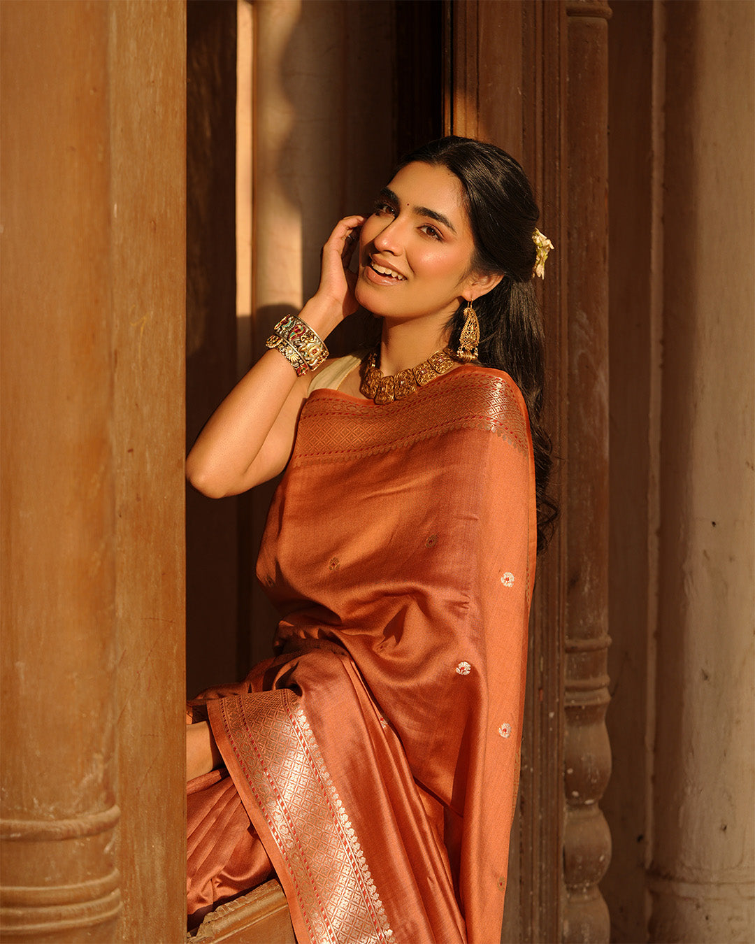 Terracotta Banarasi Silk Saree with Timeless Craft
