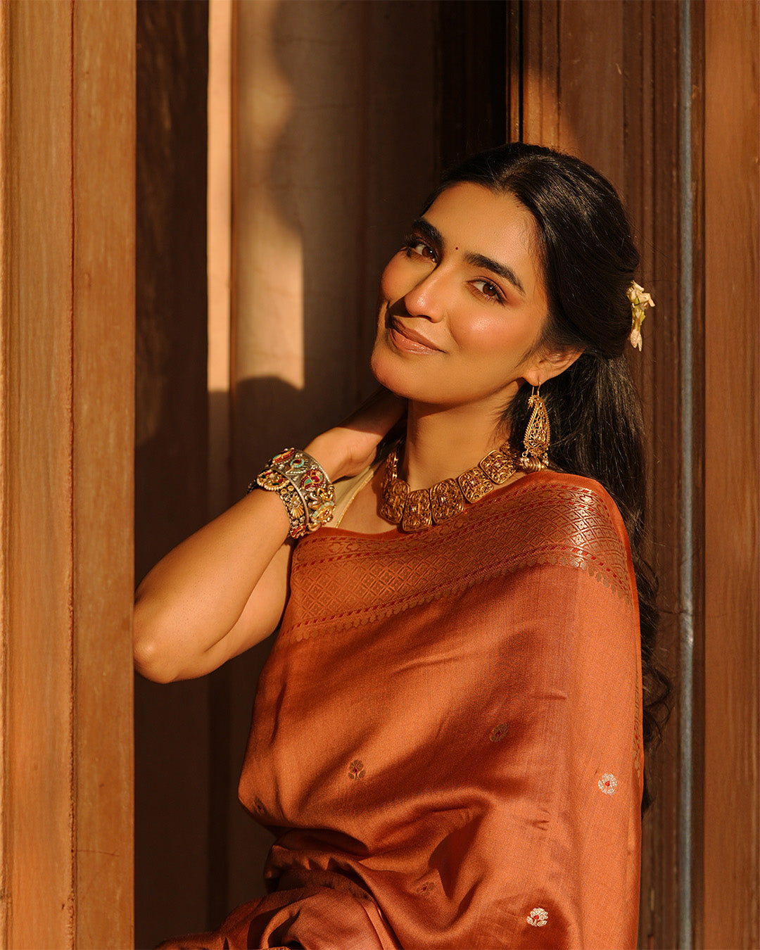 Terracotta Banarasi Silk Saree with Timeless Craft