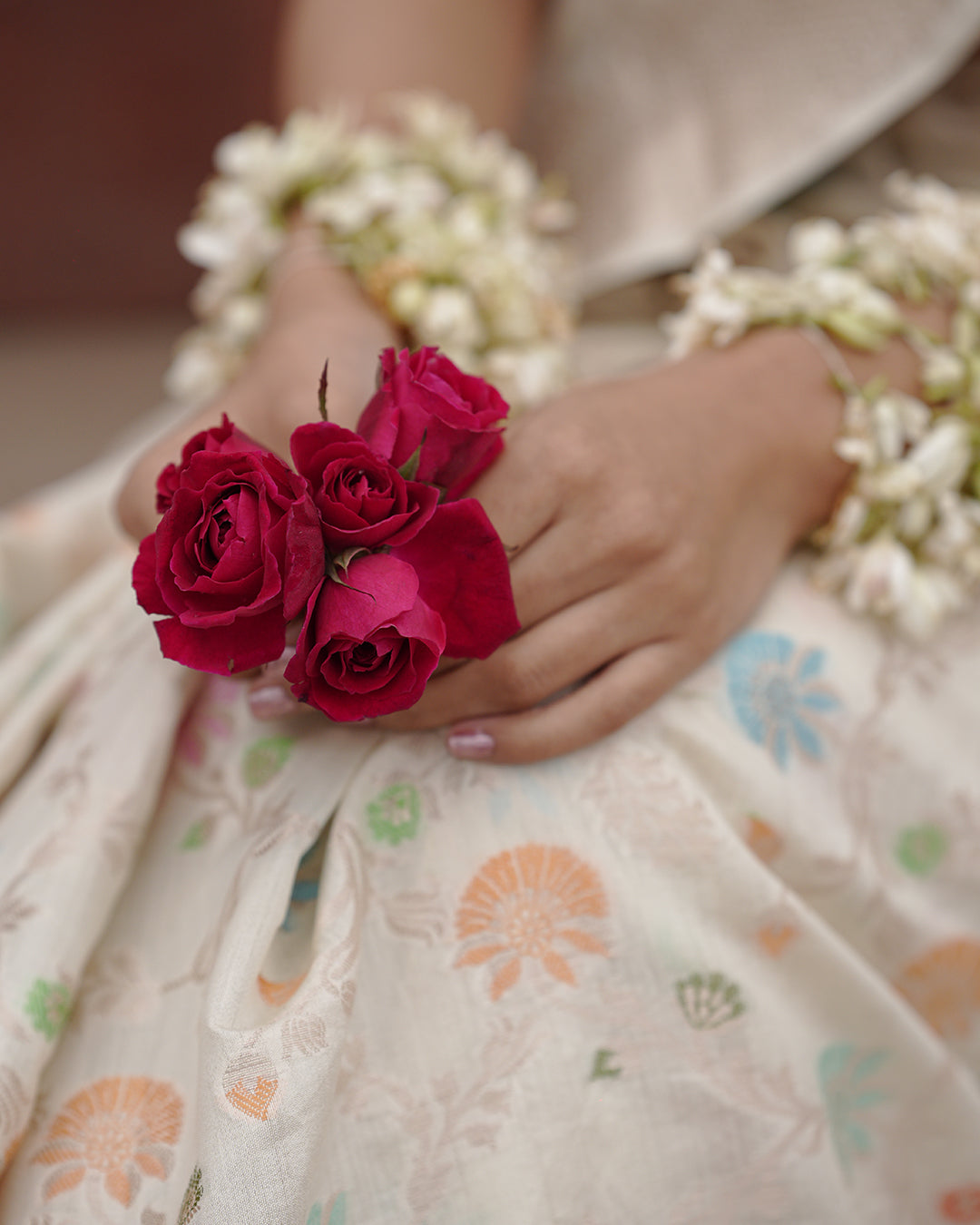 Ivory Pure Banarasi Saree with Pastel Florals Weaves and Subtle Zari Accents